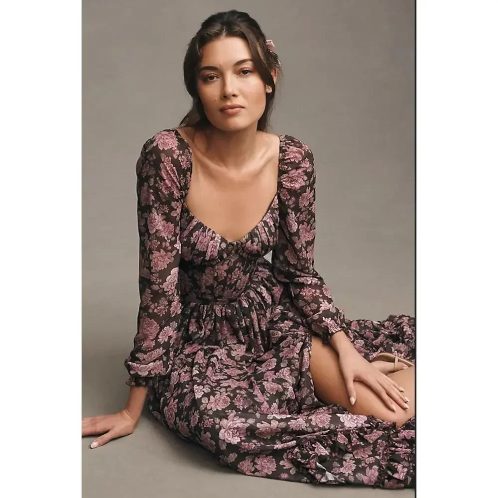 Anthropologie X V. Chapman Carmella Corset Side-Slit Chiffon Maxi Dress Size 12 - Picture 2 of 11